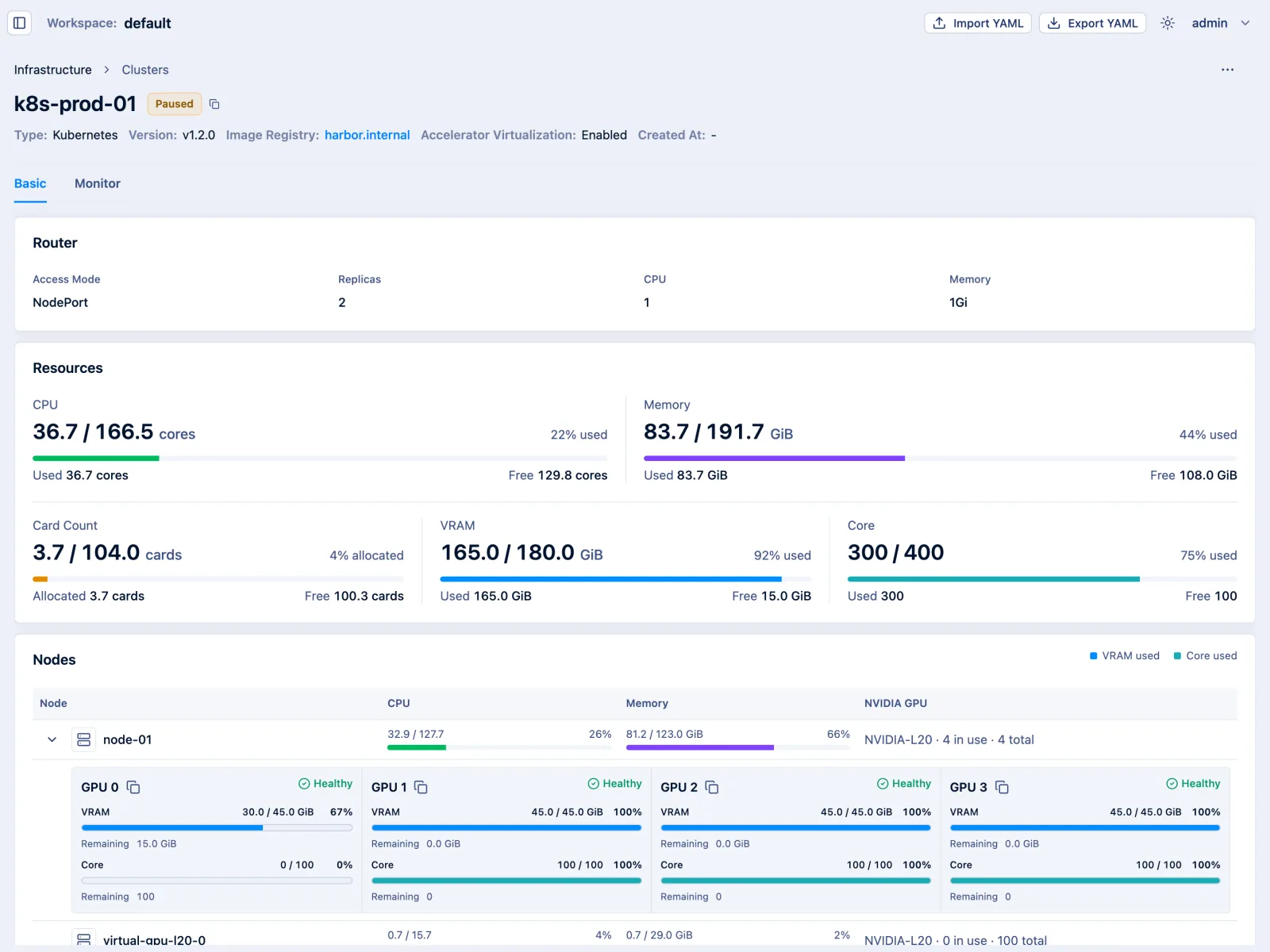 SMTX AI Platform cluster detail screen showing cluster CPU, memory, accelerator and VRAM usage together with per-node GPU status