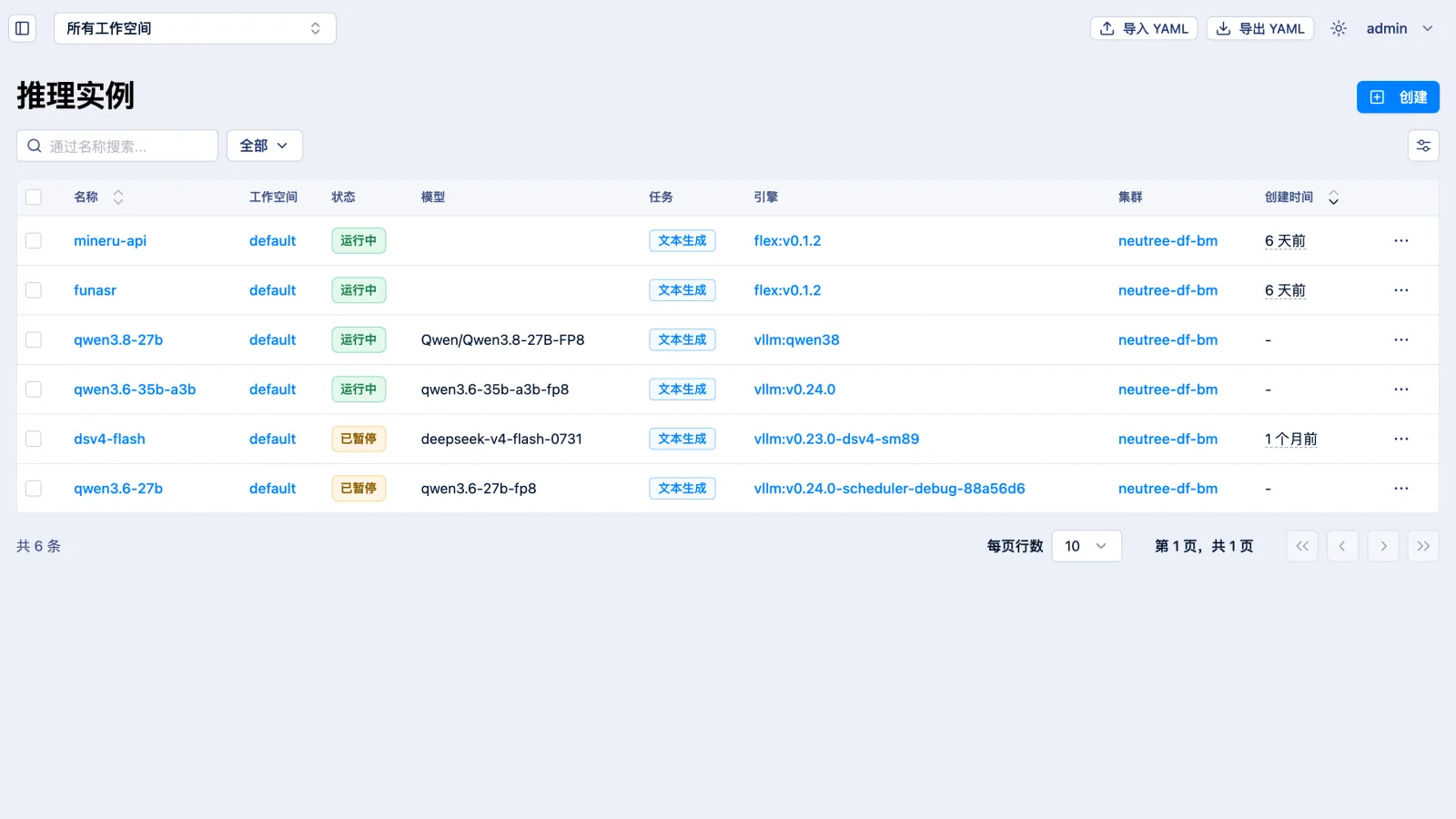推理实例列表界面