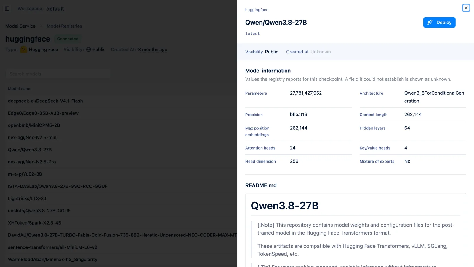 Side drawer with a Qwen model's details in the model registry