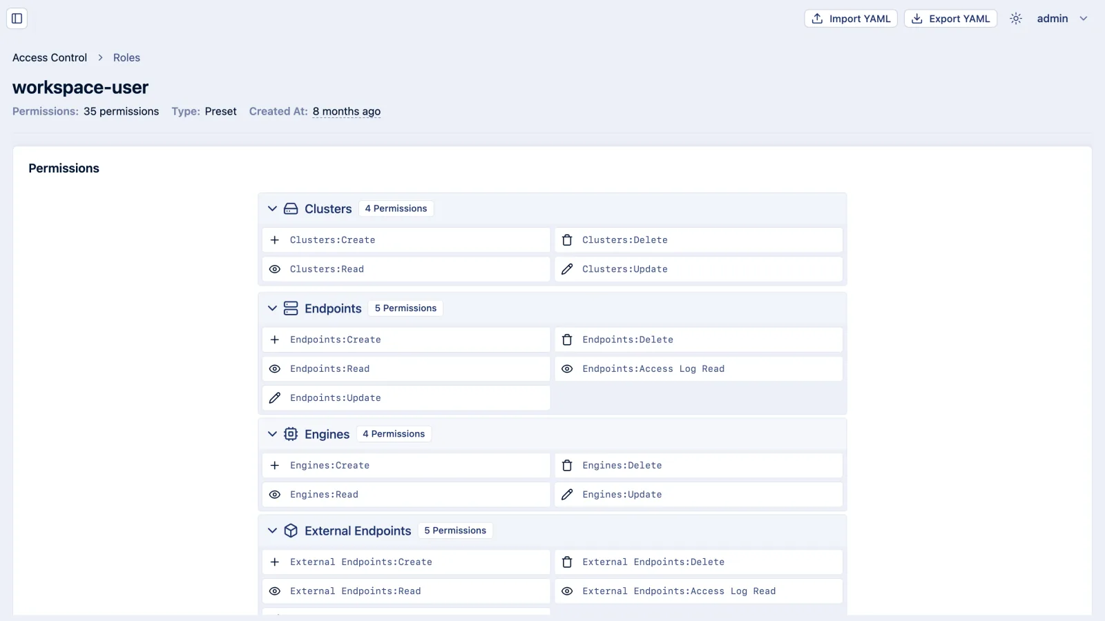 Role permissions view: the preset workspace-user role listing its 35 fine-grained permissions grouped by resource type